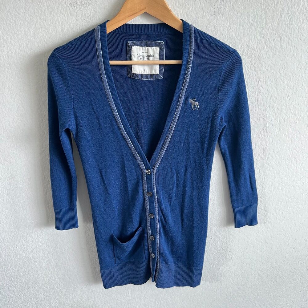 ABERCROMBIE & FITCH Y2K Blue 3/4 Sleeve Cardigan Moose Logo Preppy Womens Medium